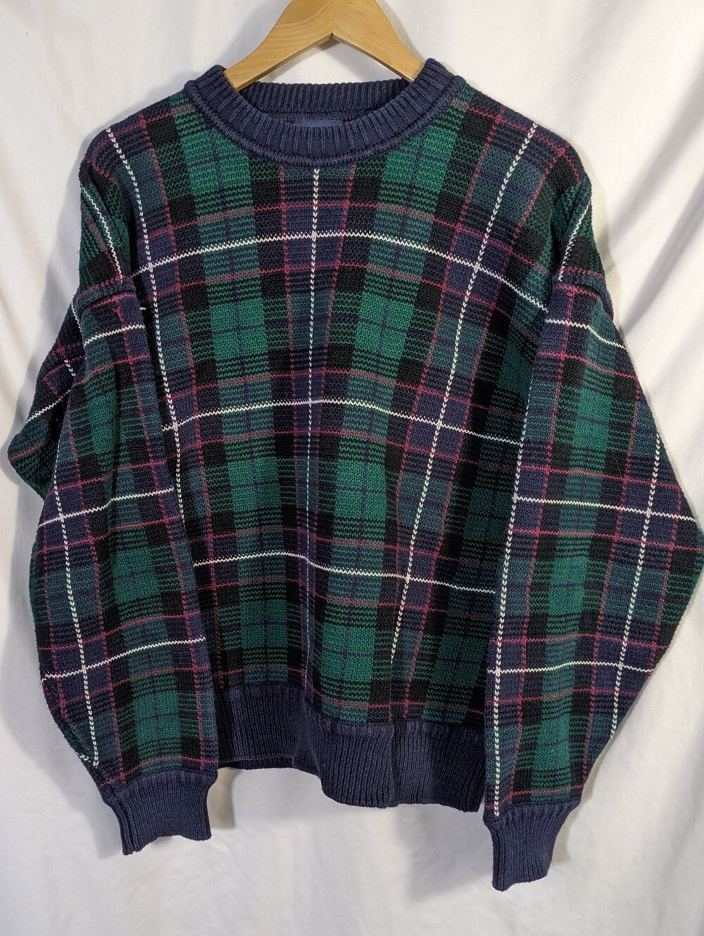 Vintage Men's Gant 100% Cotton Blue Green Plaid Crewneck Sweater Preppy Sz L